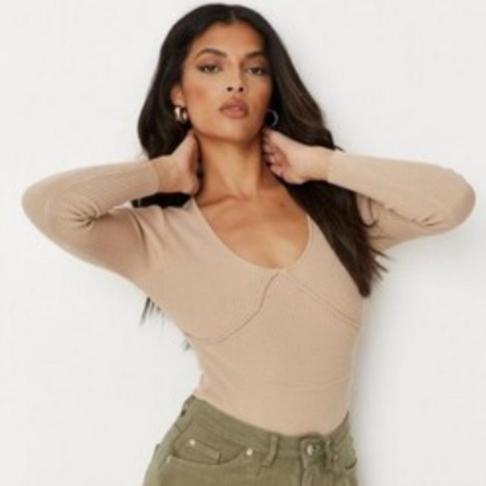 Missguided Recycled Stone Cupped Scoop Neck Knit Bodysuit, Size US 6